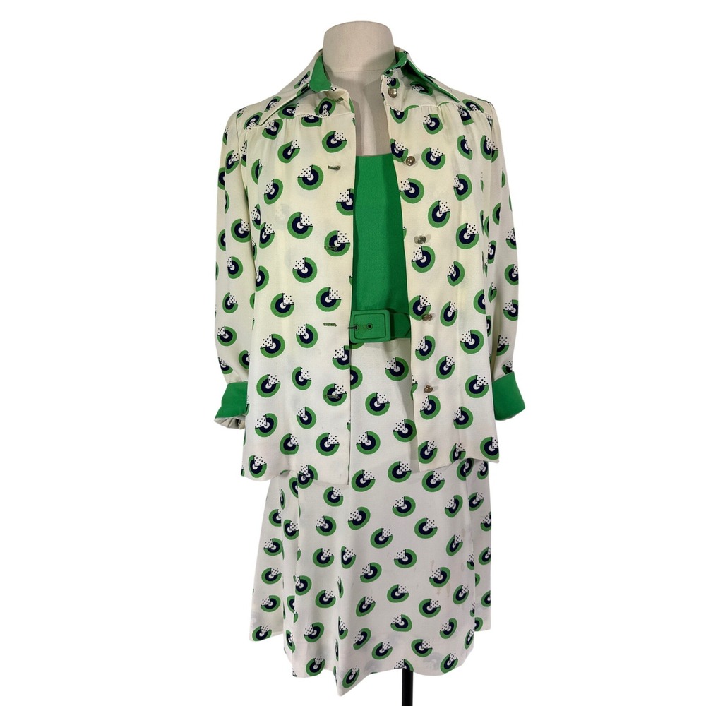 Vintage Roth-Le Cover California 70s 3pc Dress Jacket Belt Set Green Geometric